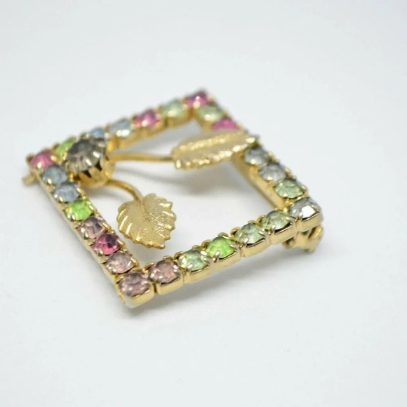 Multi-Color Pastel Rhinestone Rectangle Leaf Pin - Picture 4 of 5